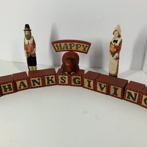 Midwest Importers Wood Blocks Thanksgiving, Turkey, Pilgrims, Shelf Sitters